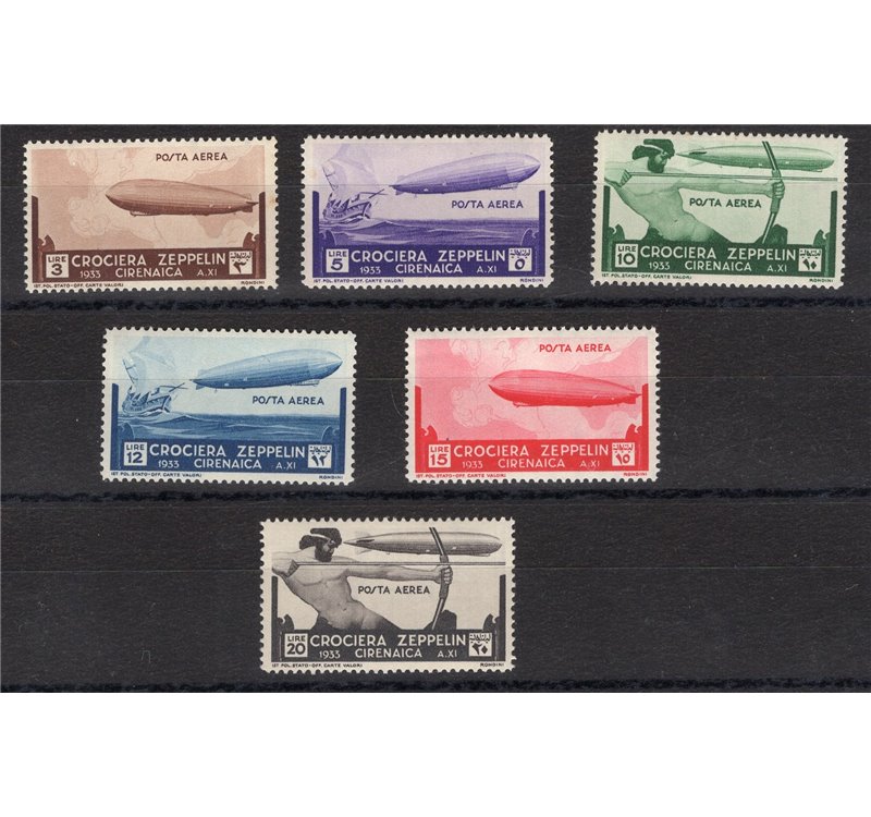 Cirenaica - 1933 - P.A. Crociera Zeppelin, serie n° 12/17. Cert.: IC. Cat. € 325 (**)