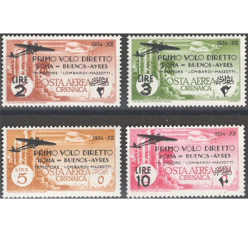 Cirenaica - 1934 - P.A. 1° Volo Roma Buenos Aires, serie n° 20/23. Cat. € 85 (**)