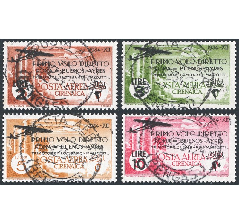 Cirenaica - 1934 - P.A. 1° Volo Roma Buenos Aires, serie n° 20/23. Cert.: IC. Cat. € 550 (U)