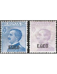 Egeo - 1912 - Michetti 25 c. azzurro e 50 c. violetto soprast., serie n° 1/2 con ottima centratura. Cert.: IC. Cat. € 1.400 (**)