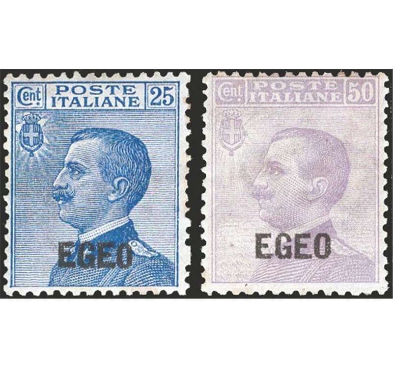 Egeo - 1912 - Michetti 25 c. azzurro e 50 c. violetto soprast., serie n° 1/2 con ottima centratura. Cert.: IC. Cat. € 1.400 (**)