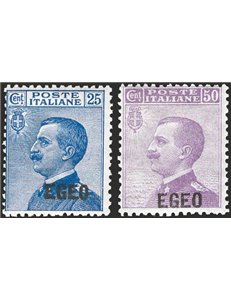 Egeo - 1912 - Michetti 25 c. azzurro e 50 c. violetto soprast., serie n° 1/2. Cert.: IC. Cat. € 760 (**)