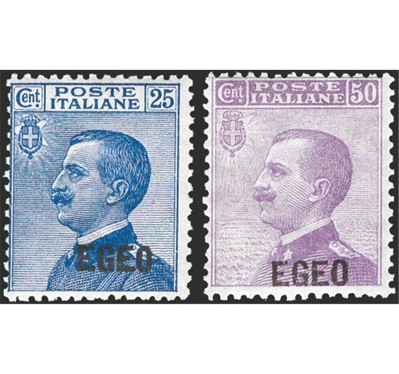 Egeo - 1912 - Michetti 25 c. azzurro e 50 c. violetto soprast., serie n° 1/2. Cert.: IC. Cat. € 760 (**)