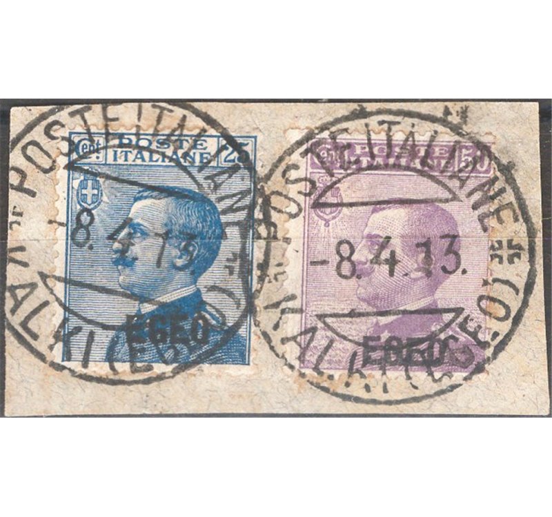Egeo - 1912 - Michetti 25 c. azzurro e 50 c. violetto soprast. su frammenti, serie n° 1/2. Cat. € 140+ (U/Fr)