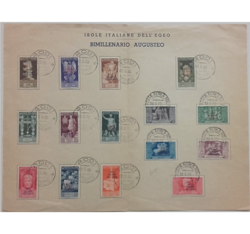 Egeo - 1938 - Bimillenario Augusto, la serie su folder ufficiale con annulli di Rodi, serie n° 99/108 + P.A. 47/51 Cat. € 550 (F