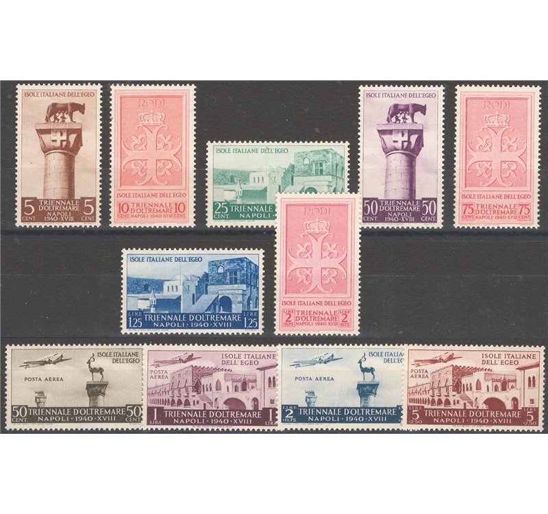 Egeo - 1940 - 1° Mostra Triennale d'Oltremare, serie n° 111/17 + P.A. 52/55. Cat. € 70 (**)