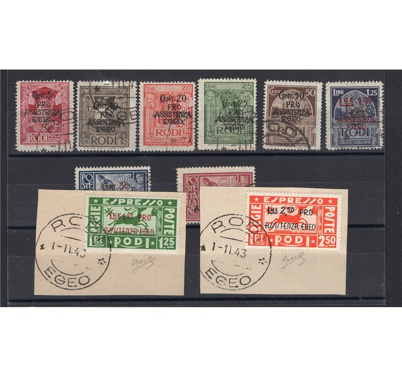 Egeo - Occup. Tedesca - 1943 - Pittorica con soprast. "Pro Assistenza Egeo" e valore, serie n° 118/25 + Ex 3/4. Cert.: Biondi. C