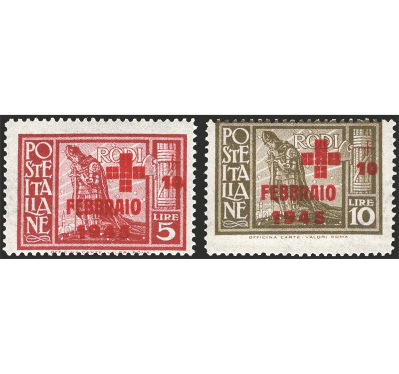 Egeo - Occup. Tedesca - 1945 - Pro Croce Rossa soprast., serie n° 132/33. Cert.: IC. Cat. € 400 (**)