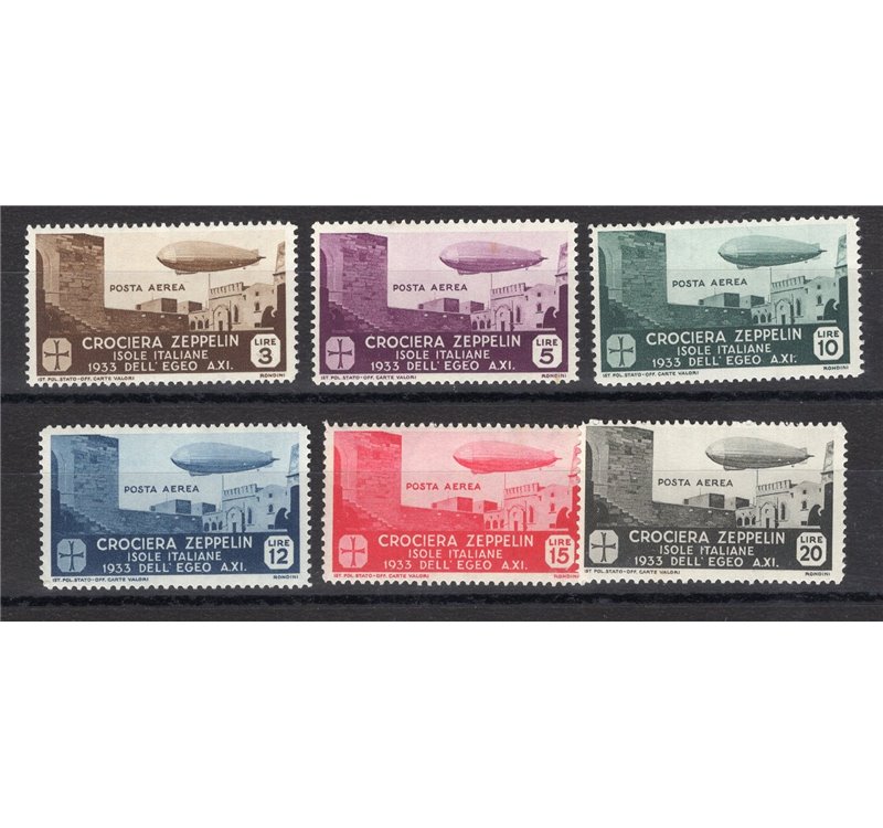 Egeo - 1933 - P.A. Crociera Zeppelin, serie n° 22/27. Cert.: IC. Cat. € 3.000 (**)