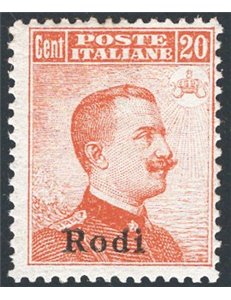 Egeo - Rodi - 1917 - Michetti 20 c. arancio soprast. senza filigrana, n° 10. Cat. € 1.150 (**)