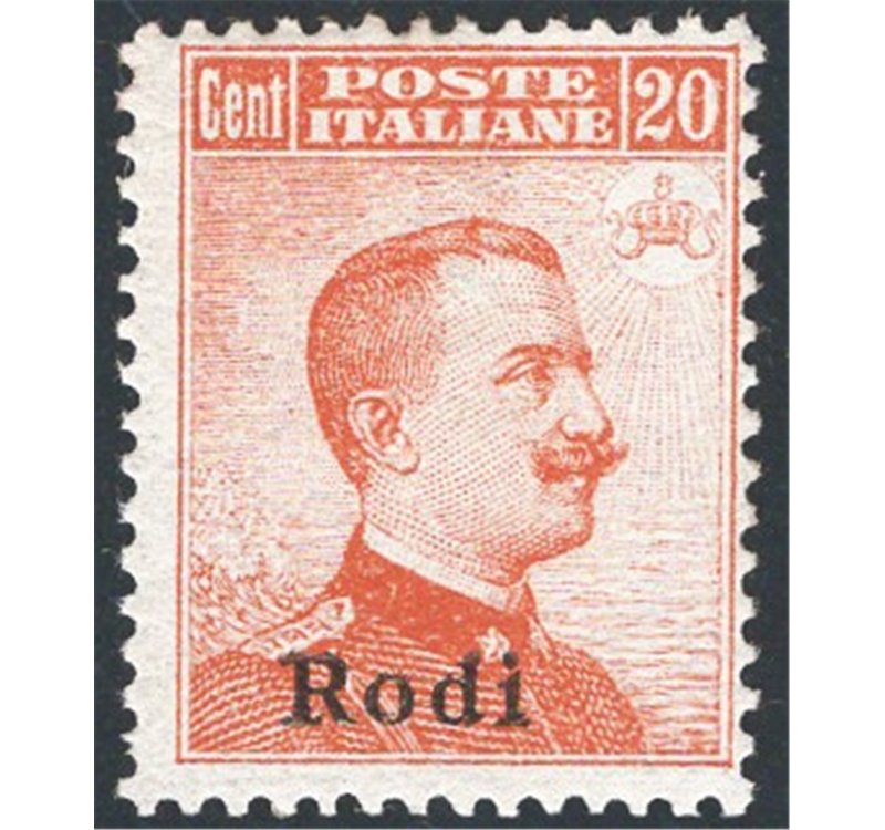 Egeo - Rodi - 1917 - Michetti 20 c. arancio soprast. senza filigrana, n° 10. Cat. € 1.150 (**)