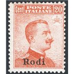 Egeo - Rodi - 1917 - Michetti 20 c. arancio soprast. senza filigrana, n° 10. Cat. € 1.150 (**)