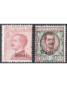 Egeo - Rodi - 1922/23 -S oprast. 85 c. e 1 £, n° 13/14. Cat. € 415 (**)