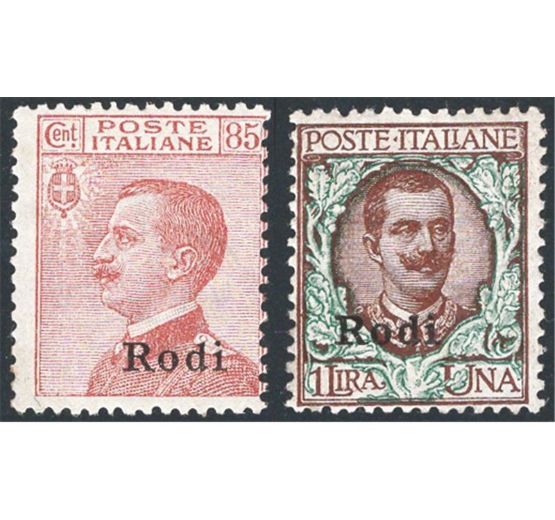 Egeo - Rodi - 1922/23 -S oprast. 85 c. e 1 £, n° 13/14. Cat. € 415 (**)