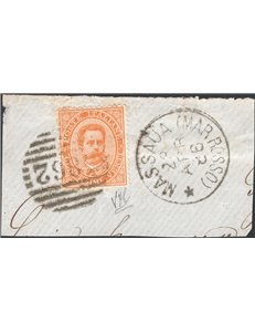 Eritrea -28/4/1886 - Precursori 20 c. arancio su frammento obliterato con numerale “3862” accompagnato dal cerchio di Massaua 3°