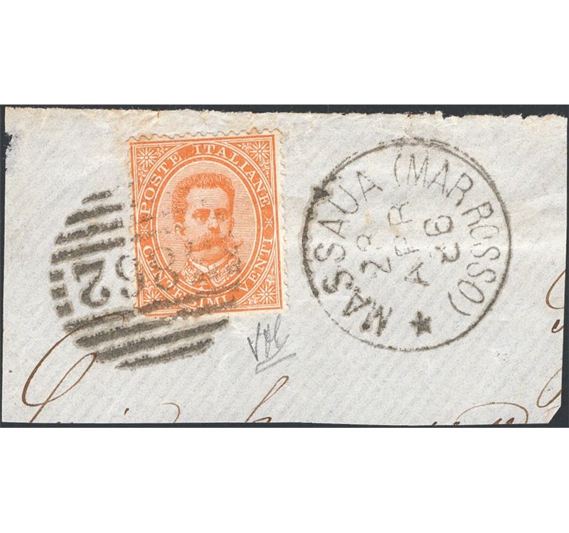 Eritrea -28/4/1886 - Precursori 20 c. arancio su frammento obliterato con numerale “3862” accompagnato dal cerchio di Massaua 3°