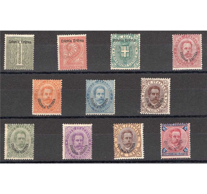 Eritrea - 1893 - Soprast., serie n° 1/11. Cert.: Biondi. Cat. € 6.930 (**)
