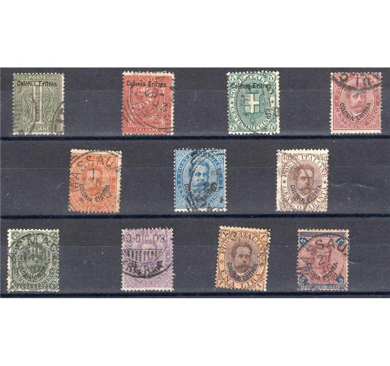Eritrea - 1893 - Soprast., serie n° 1/11. Cert.: IC. Cat. € 1.300 (U)
