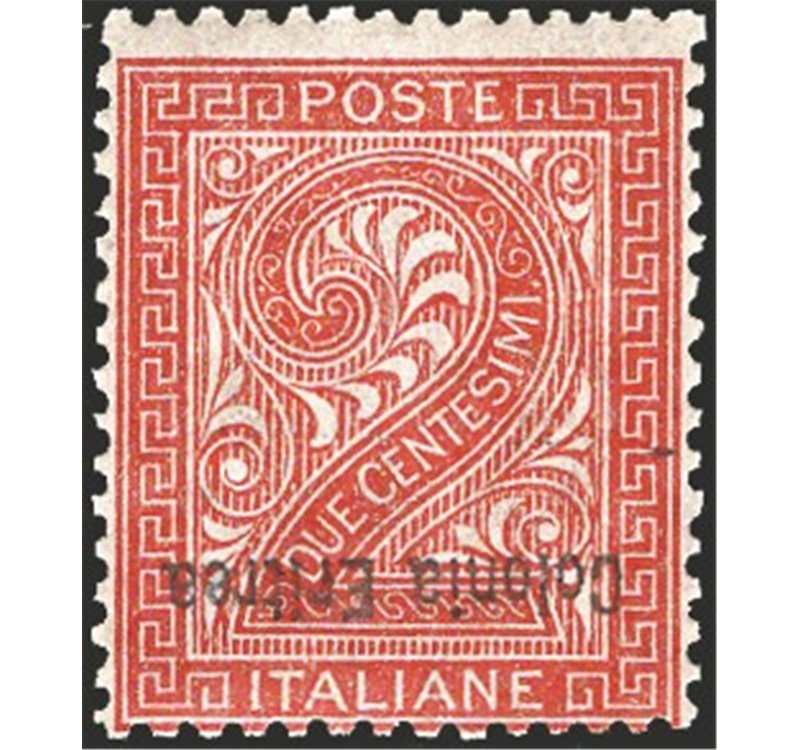 Eritrea - 1893 - Cifra 2 c. rosso bruno con soprast. capovolta, n° 2c. Cert.: Biondi. Cat. € 1.800 (**)