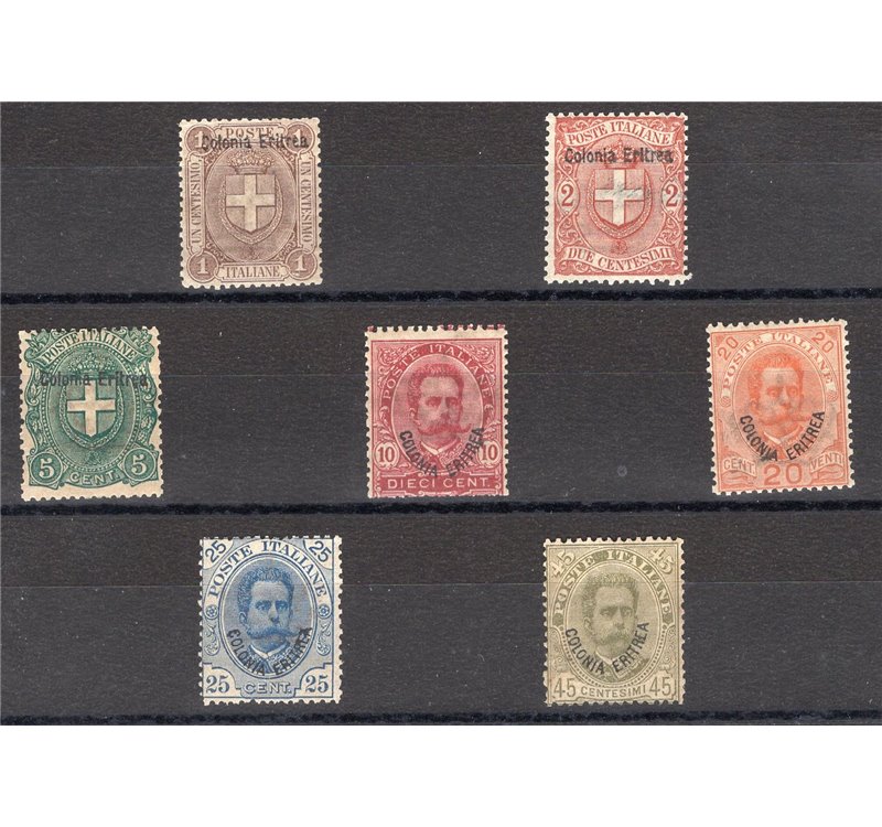 Eritrea - 1895/99 - Soprast., serie n° 12/18 con discreta centratura. Cert.: Biondi. Cat. € 510 (**)