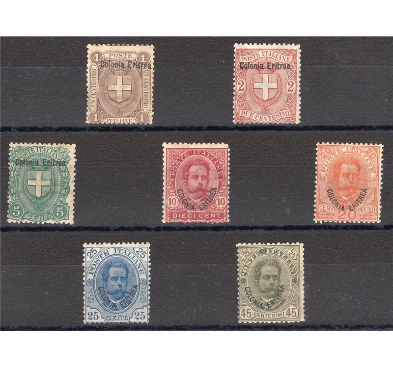 Eritrea - 1895/99 - Soprast., serie n° 12/18. Cert.: Biondi. Cat. € 255 (**)