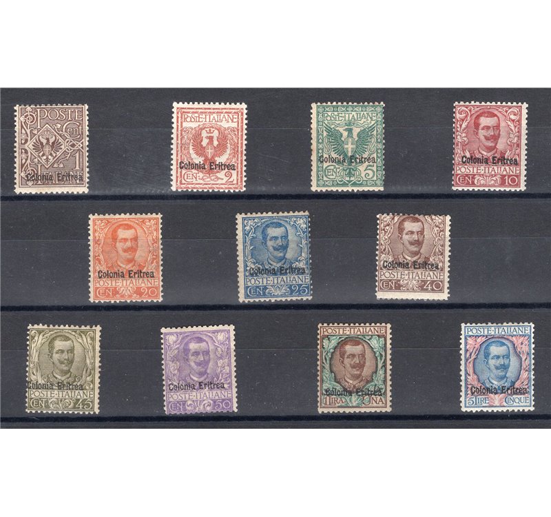 Eritrea - 1903 - Floreale soprast., serie n° 19/29. Cert.: IC. Cat. € 4.500 (**)