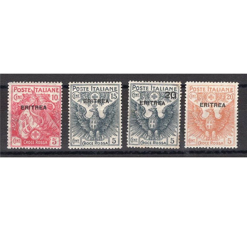 Eritrea - 1916 - Croce Rossa, serie n° 41/44 con ottima centratura. Cert.: Biondi. Cat. € 1.000 (**)