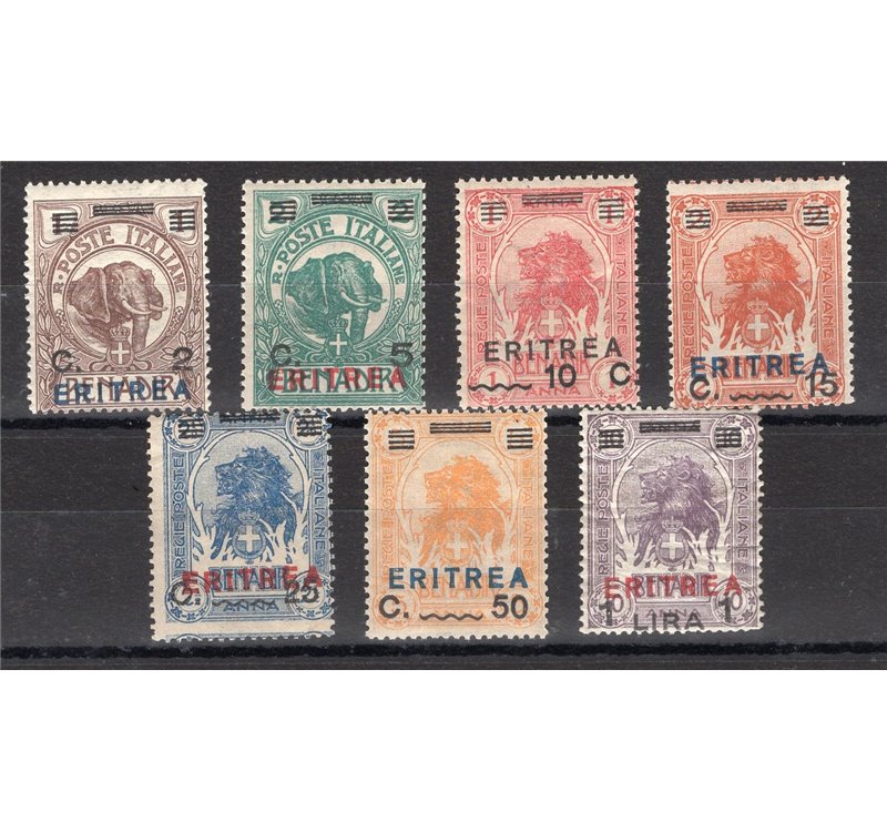 Eritrea - 1924 - Soprast., serie n° 80/86. Cert.: Biondi. Cat. € 360 (**)