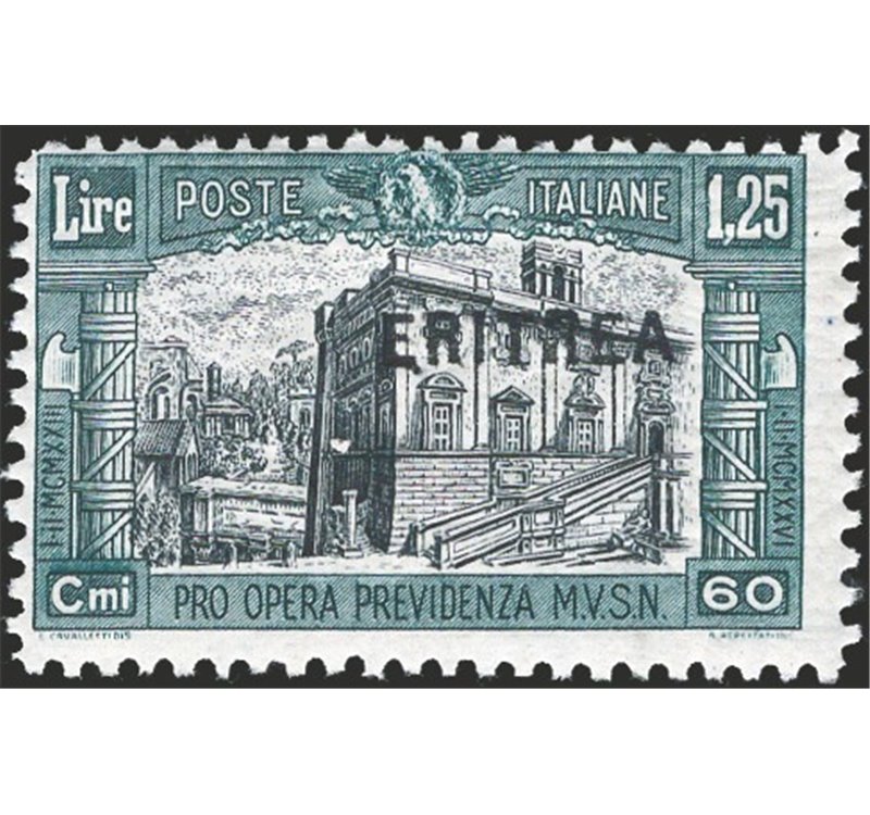 Eritrea - 1927 - Milizia I 1,25 £ ardesia e nero con soprast. fortemente spostata in alto non emesso, n° 118Aa. Cert.: Biondi. C
