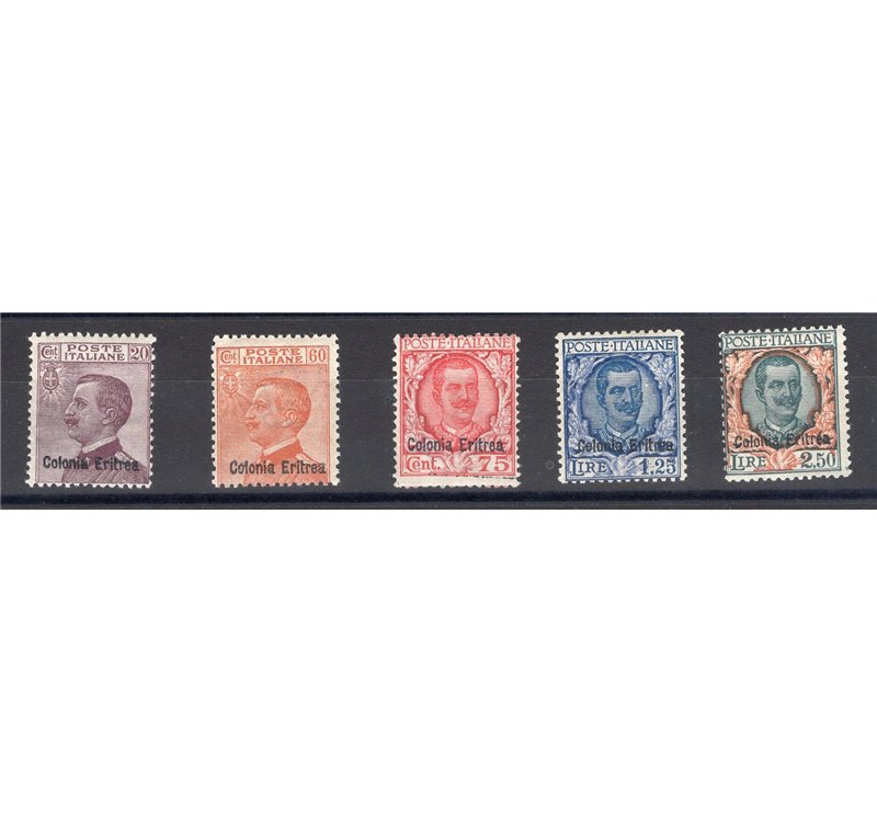 Eritrea - 1928/29 - Soprast., serie n° 123/27. Cert.: Biondi. Cat. € 2.750 (**)