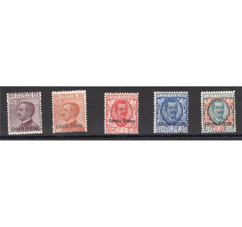 Eritrea - 1928/29 - Soprast., serie n° 123/27. Cert.: IC. Cat. € 1.100 (*)