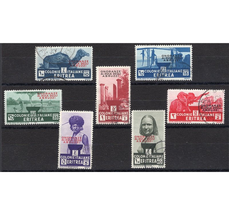 Eritrea - 1934 - Onoranze al Duca degli Abruzzi con annulli filatelici di favore, serie n° 213/19. Cat. € 500 (U)