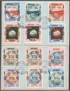 Eritrea - 1934 - Mostra Coloniale, serie n° 220/25 + P.A. 1/6 su due cartoncini. Cat. € 450 (U/Fr)