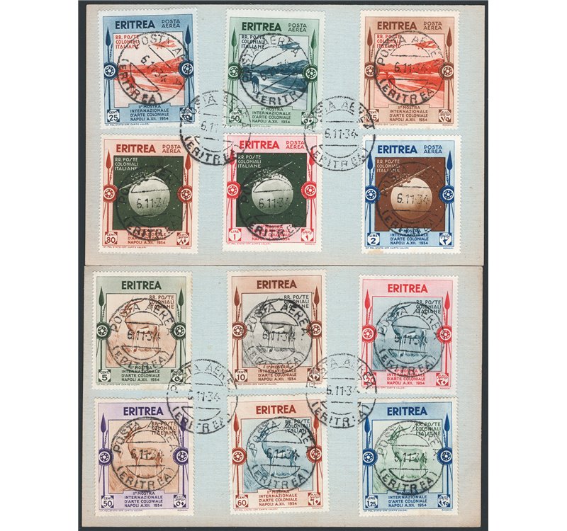Eritrea - 1934 - Mostra Coloniale, serie n° 220/25 + P.A. 1/6 su due cartoncini. Cat. € 450 (U/Fr)