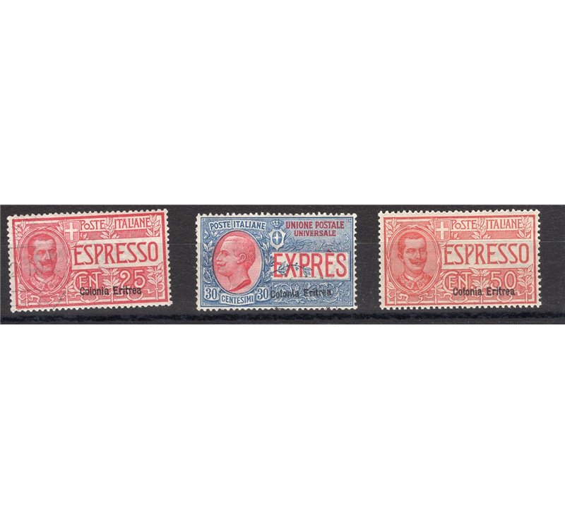 Eritrea - 1907/21 - Espressi soprast., serie n° 1/3 con ottima centratura. Cert.: IC. Cat. € 1.750 (**)