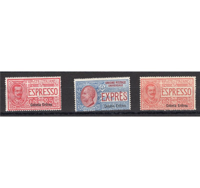 Eritrea - 1907/21 - Espressi soprast., serie n° 1/3. Cert.: IC. Cat. € 875 (**)