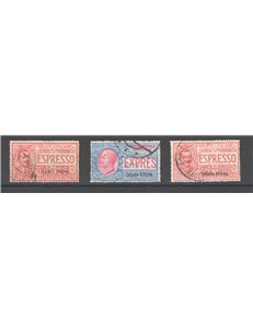 Eritrea - 1907/21 - Espressi soprast., serie n° 1/3. Cert.: Biondi. Cat. € 450 (U)