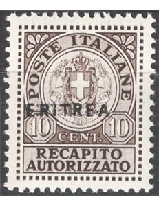 Eritrea - 1939 - Recapito autorizzato 10 c. bruno soprast., n° 1. Cat. € 110 (**)