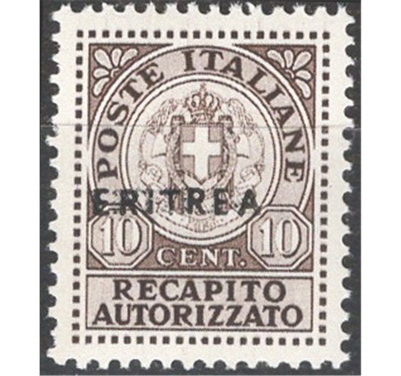 Eritrea - 1939 - Recapito autorizzato 10 c. bruno soprast., n° 1. Cat. € 110 (**)