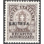Eritrea - 1939 - Recapito autorizzato 10 c. bruno soprast., n° 1. Cat. € 110 (**)