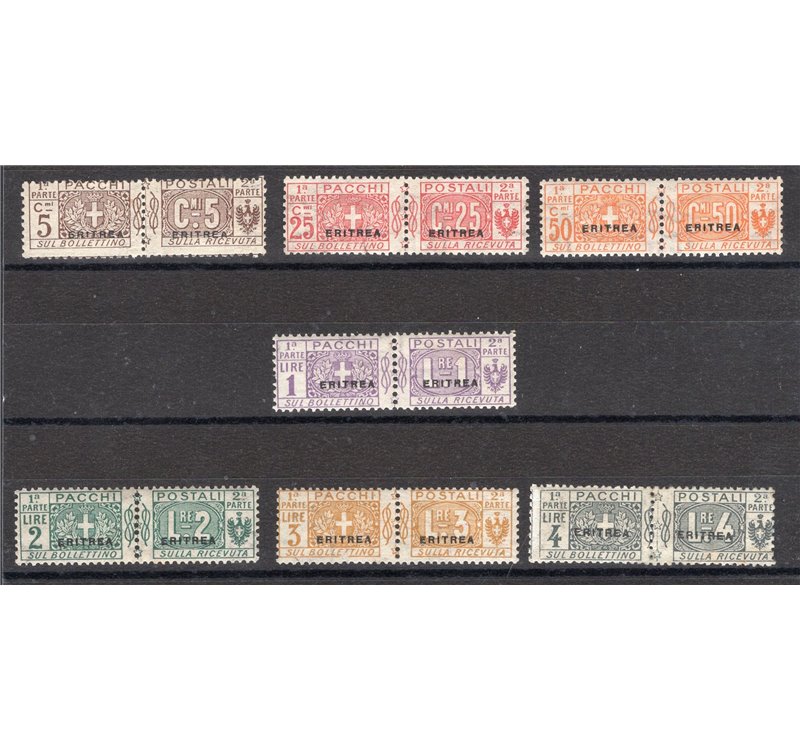 Eritrea - 1916 - Pacchi soprast. nodo con soprast., n° 1 + 3/8. Cert.: Sottoriva. Cat. € 8.000 (**)