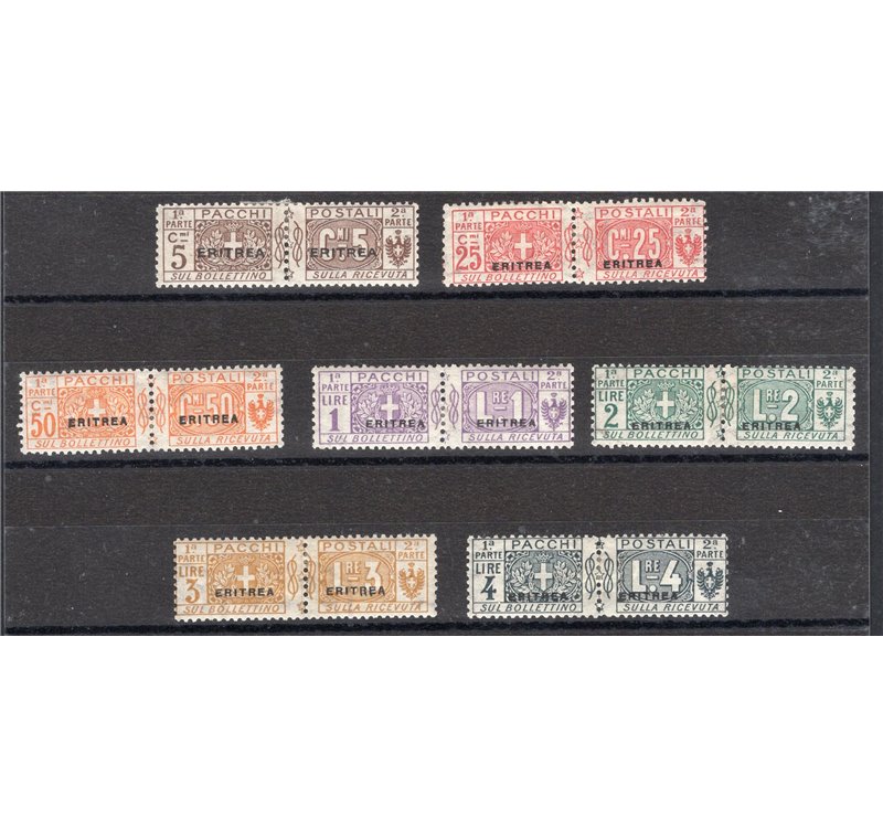 Eritrea - 1916 - Pacchi soprast. con caratteri piccoli sulle due sezioni, n° 1 + 3/8. Cert.: Biondi. Cat. € 4.000 (*)