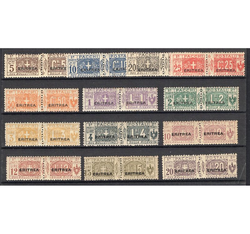 Eritrea - 1917/24 - Pacchi postali soprast. con caratteri grandi, serie n° 9/21. Cert.: Biondi. Cat. € 3.200 (**)