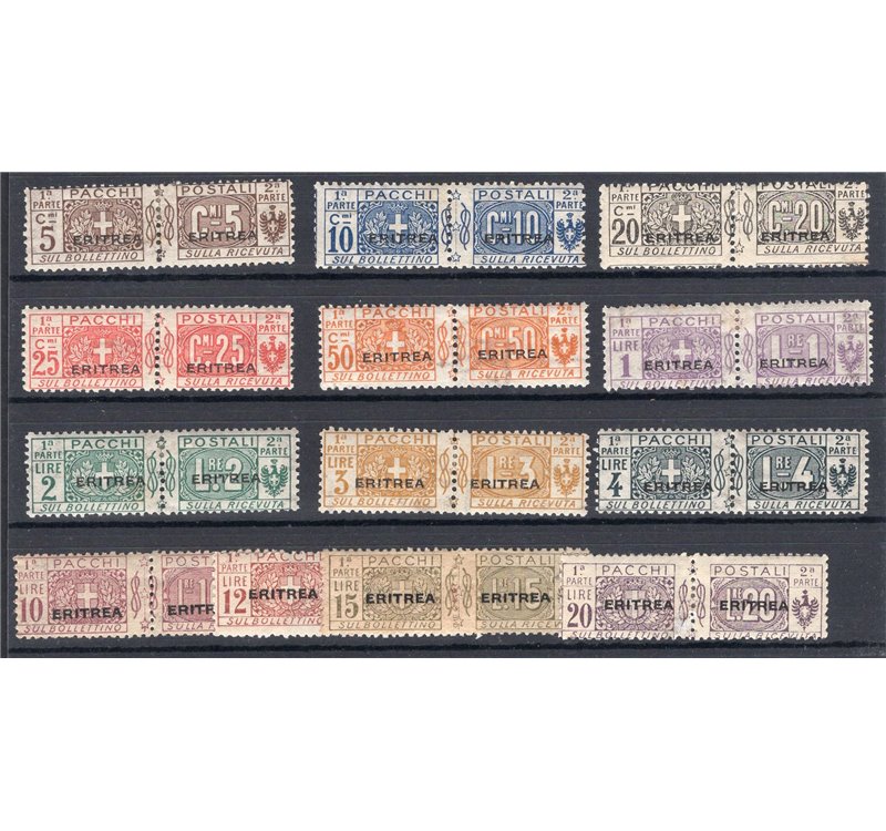 Eritrea - 1917/24 - Pacchi postali soprast. con caratteri grandi, serie n° 9/21. Cert.: IC. Cat. € 1.500 (*)