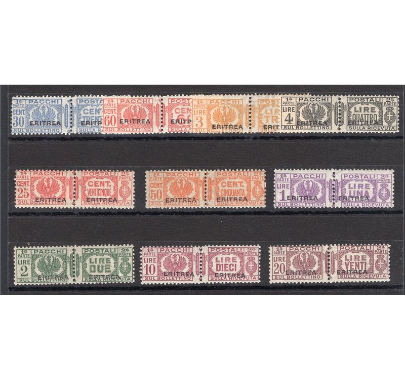 Eritrea - 1927/37 - Pacchi postali soprast., serie n° 23/32. Firm.: AD - ED. Cert.: Biondi. Cat. € 10.500 (**)