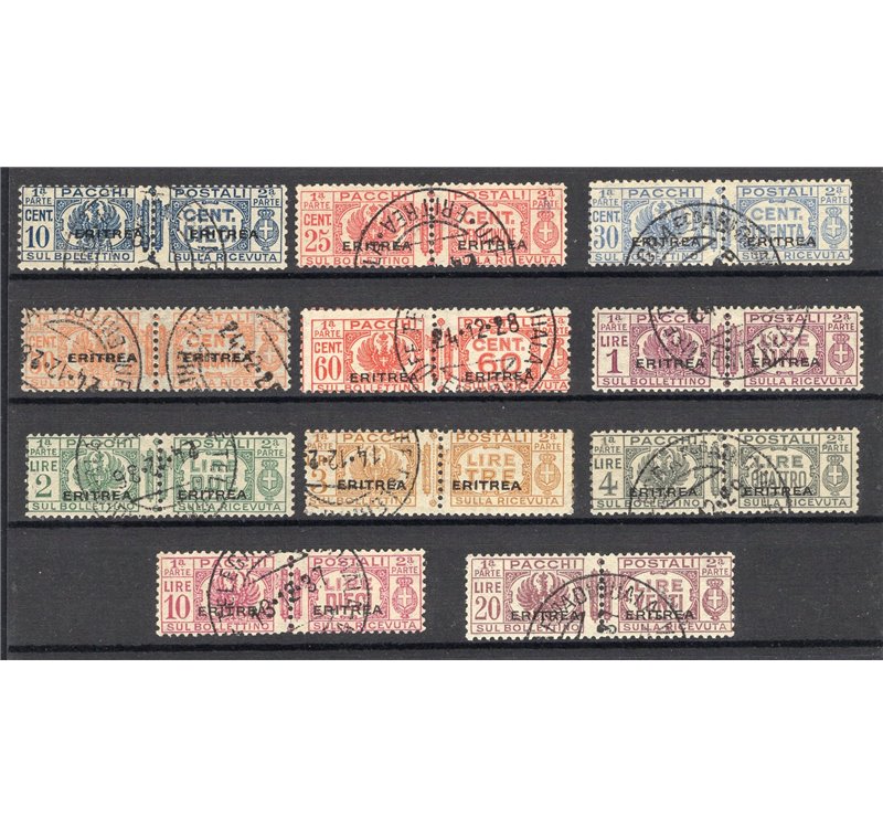 Eritrea - 1927/37 - Pacchi postali con soprast., serie n° 23/32. Cert.: Biondi. Cat. € 5.850 (U)