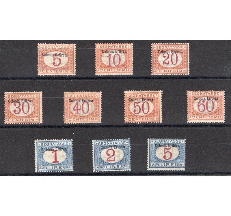 Eritrea - 1903 - Segnatasse soprast., serie n° 1/10. Cert.: IC. Cat. € 3.000 (**)