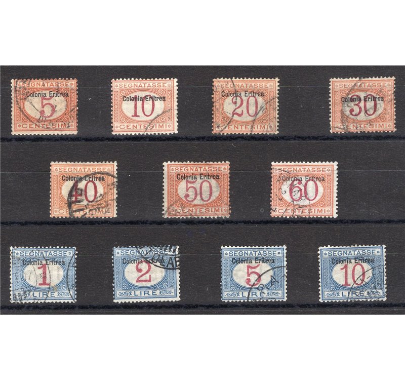 Eritrea - 1903 - Segnatasse soprast., serie n° 1/11. Cert.: IC. Cat. € 2.450 (U)
