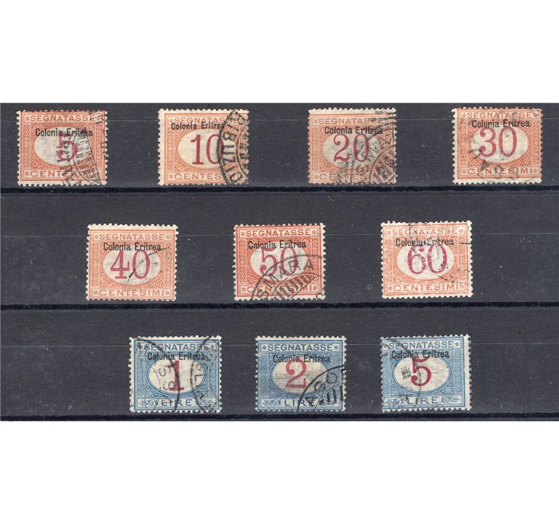 Eritrea - 1903 - Segnatasse soprast., la serie senza il 10 £, n° 1/10. Cert.: IC. Cat. € 1.350 (U)