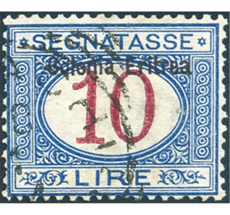 Eritrea - 1903 - Segnatasse 10 £ azzurro e carminio con soprast. " in alto, n° 11. Cert.: Biondi. Cat. € 1.100 (U)